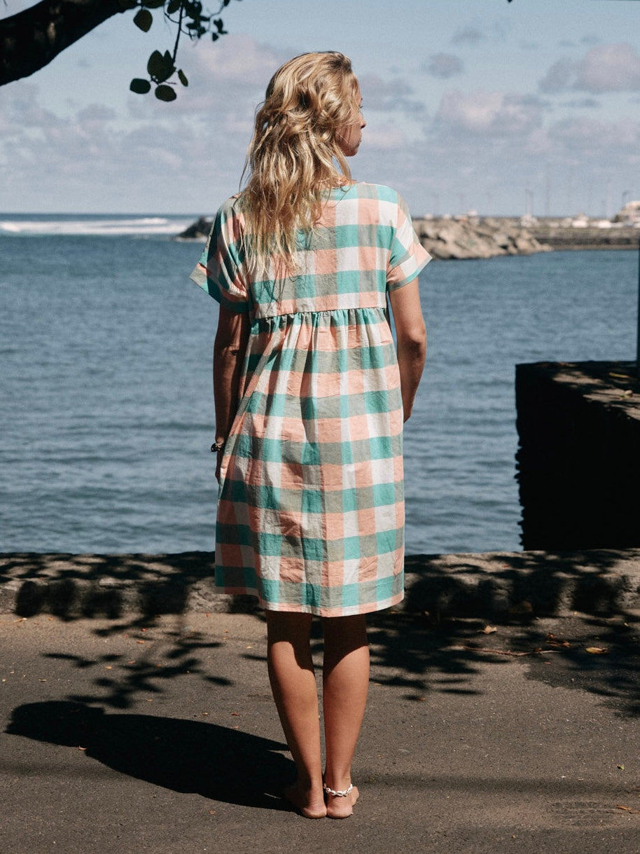 Robe Maïda courte gros vichy blockprint bleu/rose