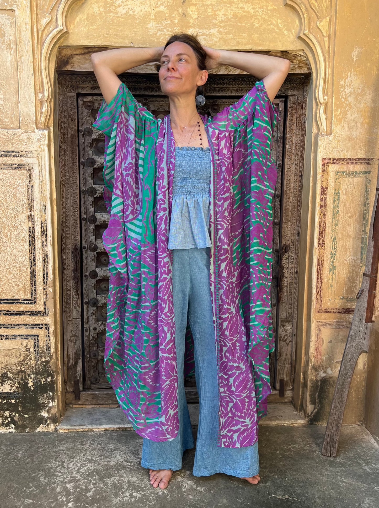Kimono Meekha long purple and green