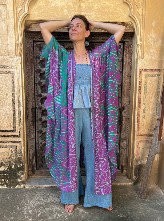 Kimono Meekha long purple and green