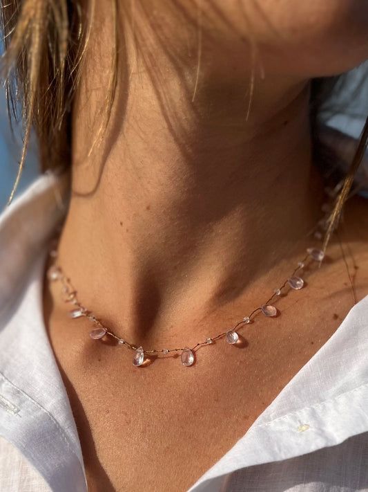 Collier gouttes quartz rose