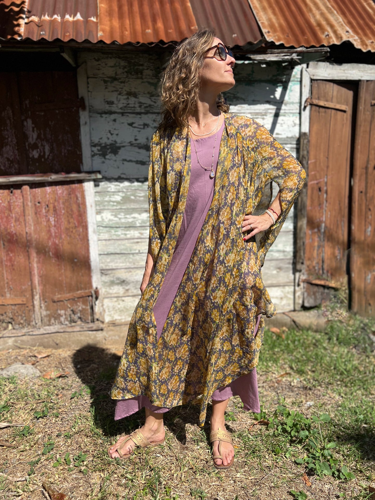 Kimono Meekha long grey & yellow