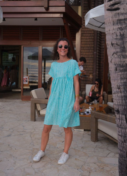 Robe Maïda courte motif vagues blockprint bleu