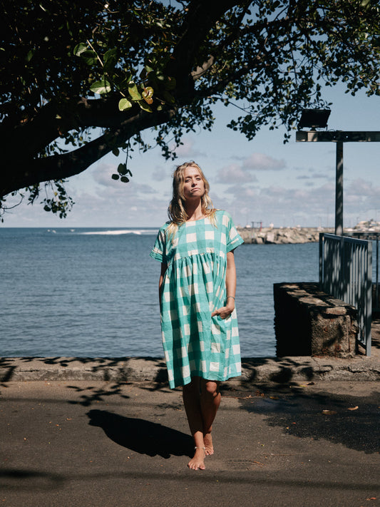 Robe Maïda courte gros vichy blockprint bleu