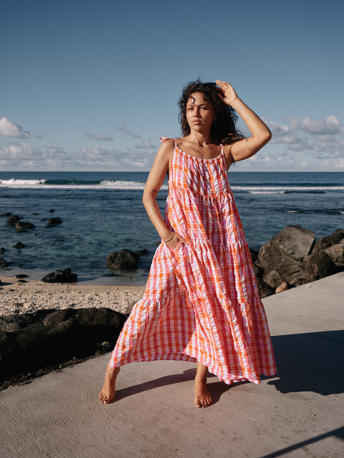Robe Denise longue seersucker orange/rouge/rose