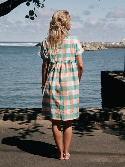 Robe Maïda courte gros vichy blockprint bleu/rose