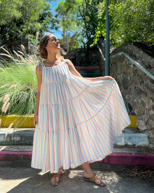 Robe Denise longue seersucker multicolore ❤️🩷🧡💛💚💙