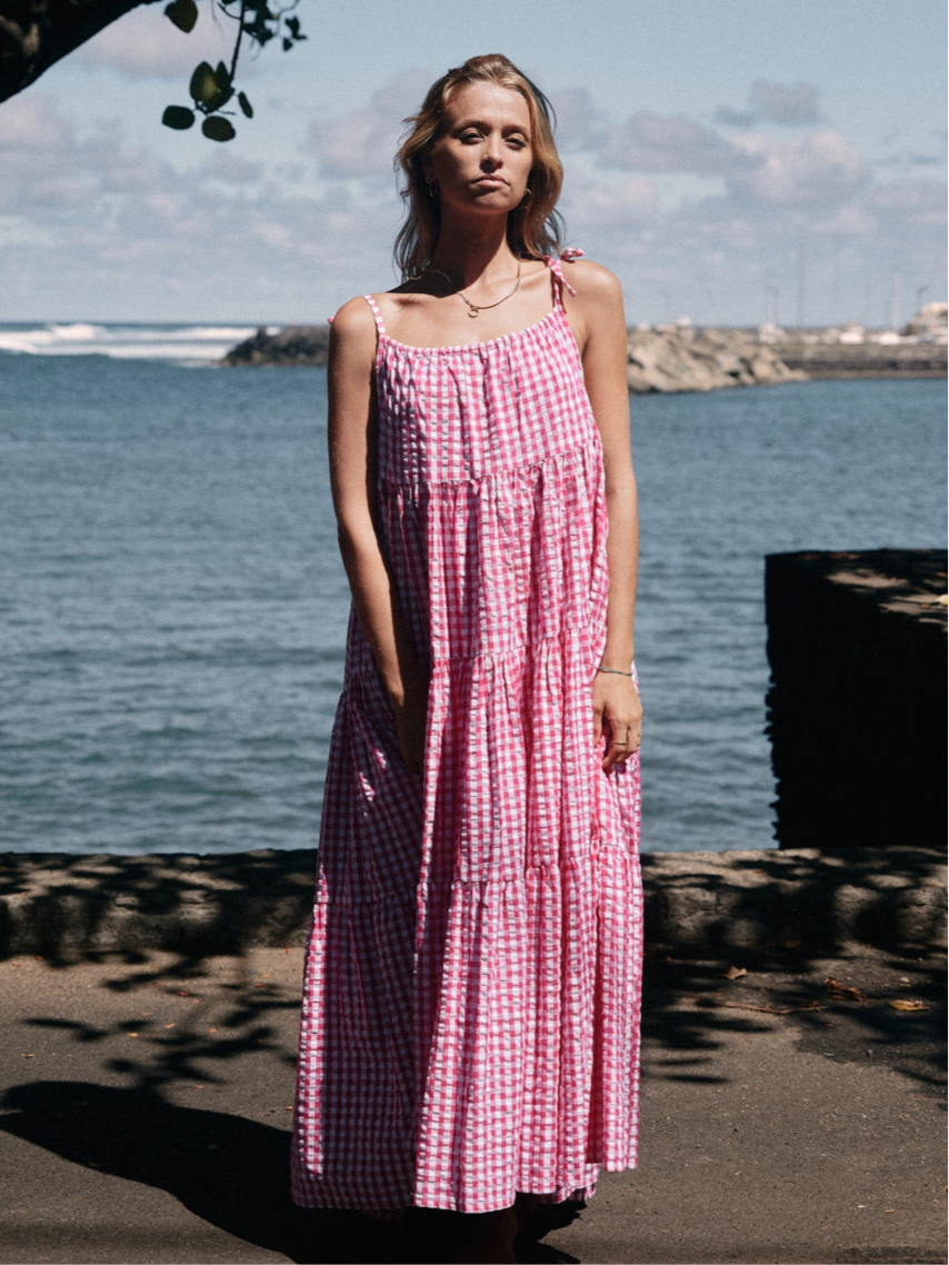 Robe Denise longue vichy bougainvilliers