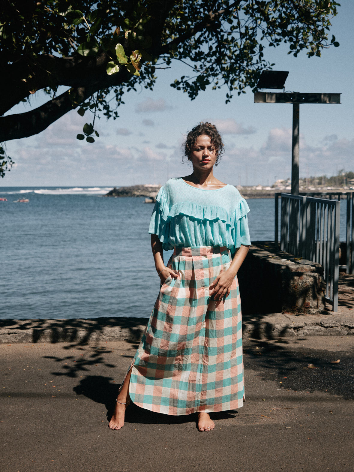 Jupe Caro Blockprint gros vichy rose/bleu