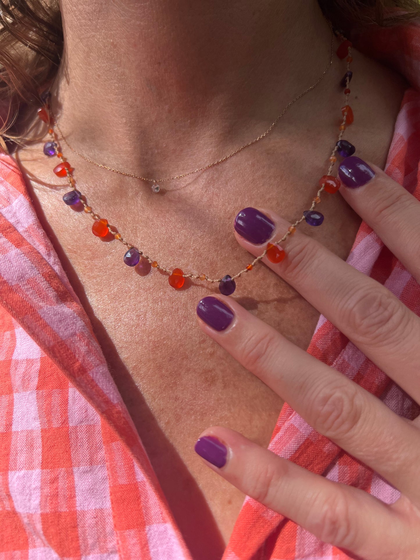Collier gouttes améthyste et cornaline