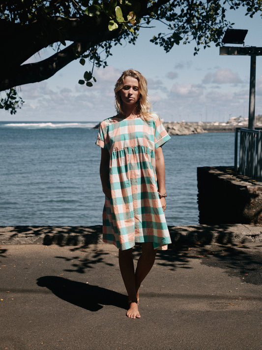 Robe Maïda courte gros vichy blockprint bleu/rose