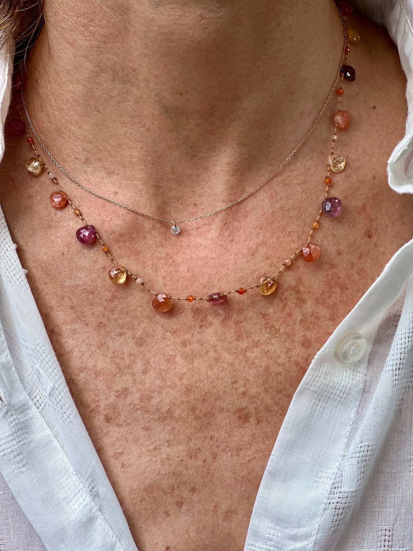 Collier gouttes pierre de soleil, tourmaline rose et topaze impérial.