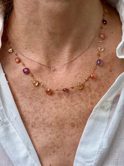 Collier gouttes pierre de soleil, tourmaline rose et topaze impérial.