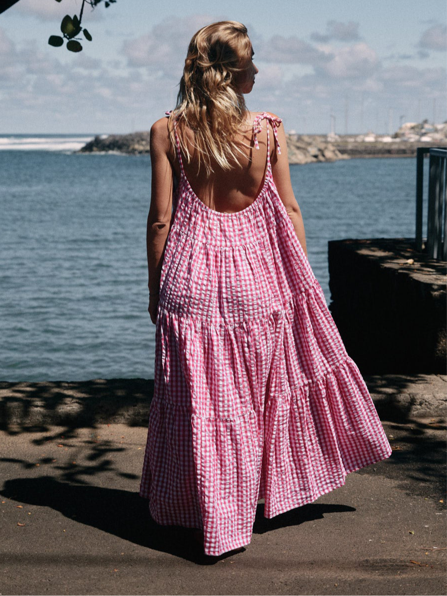 Robe Denise longue vichy bougainvilliers