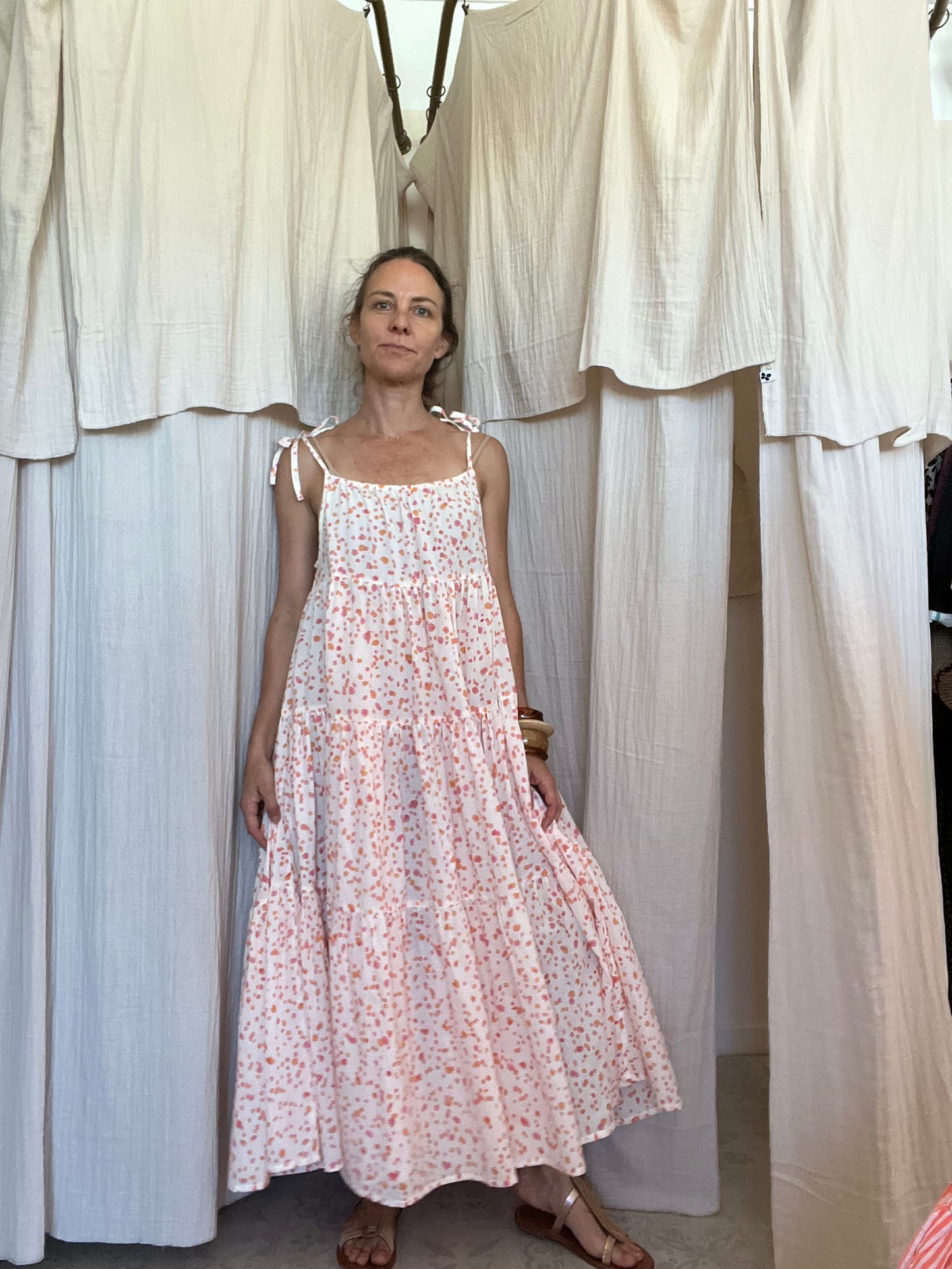 Robe Denise longue seersucker block print pois